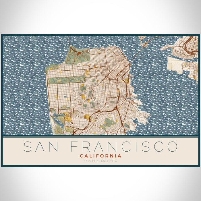San Francisco California Map Print Landscape Orientation in Woodblock Style With Shaded Background