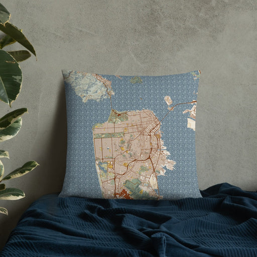Custom San Francisco California Map Throw Pillow in Woodblock on Bedding Against Wall