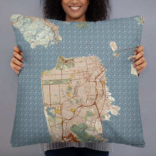 Person holding 22x22 Custom San Francisco California Map Throw Pillow in Woodblock