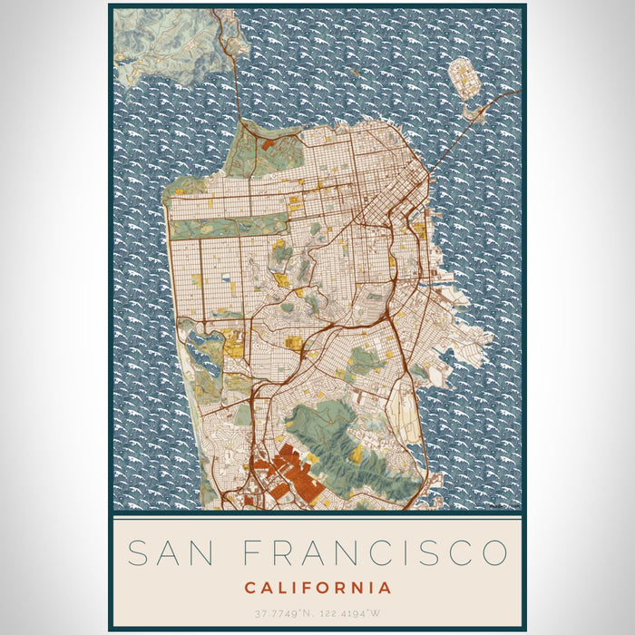 San Francisco California Map Print Portrait Orientation in Woodblock Style With Shaded Background