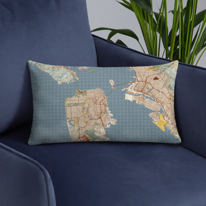 Custom San Francisco California Map Throw Pillow in Woodblock on Blue Colored Chair