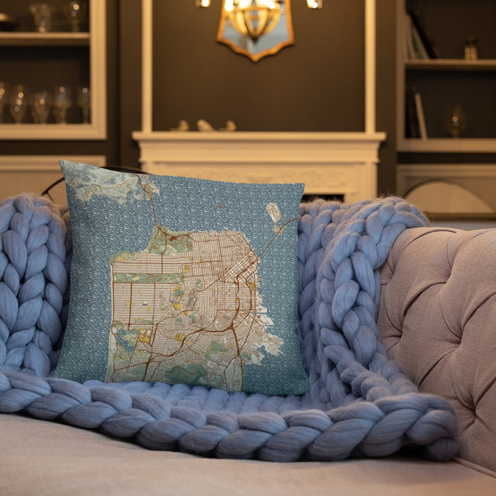 Custom San Francisco California Map Throw Pillow in Woodblock on Cream Colored Couch