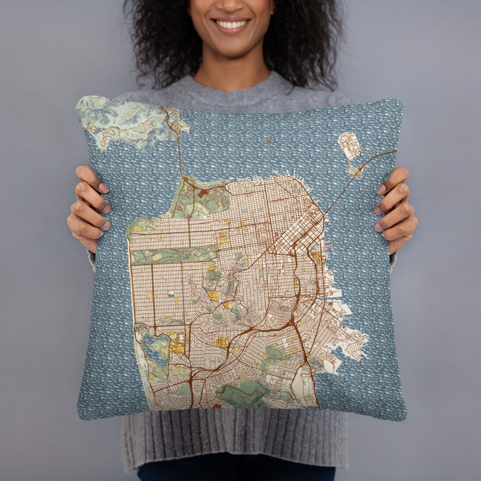 Person holding 18x18 Custom San Francisco California Map Throw Pillow in Woodblock