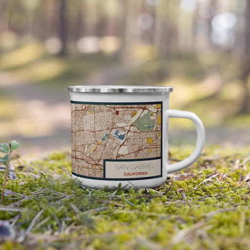 Right View Custom San Gabriel California Map Enamel Mug in Woodblock on Grass With Trees in Background