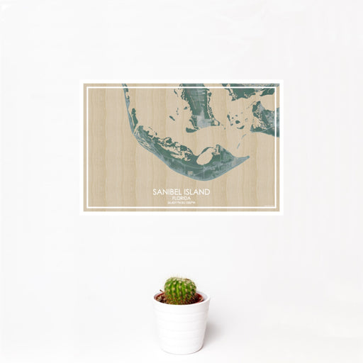 12x18 Sanibel Island Florida Map Print Landscape Orientation in Afternoon Style With Small Cactus Plant in White Planter