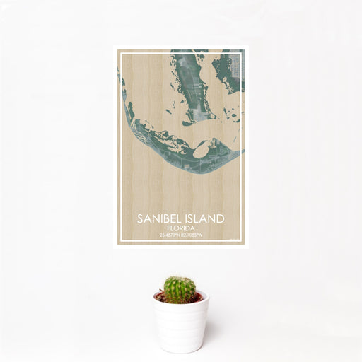 12x18 Sanibel Island Florida Map Print Portrait Orientation in Afternoon Style With Small Cactus Plant in White Planter