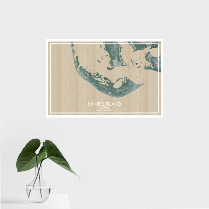 16x24 Sanibel Island Florida Map Print Landscape Orientation in Afternoon Style With Tropical Plant Leaves in Water