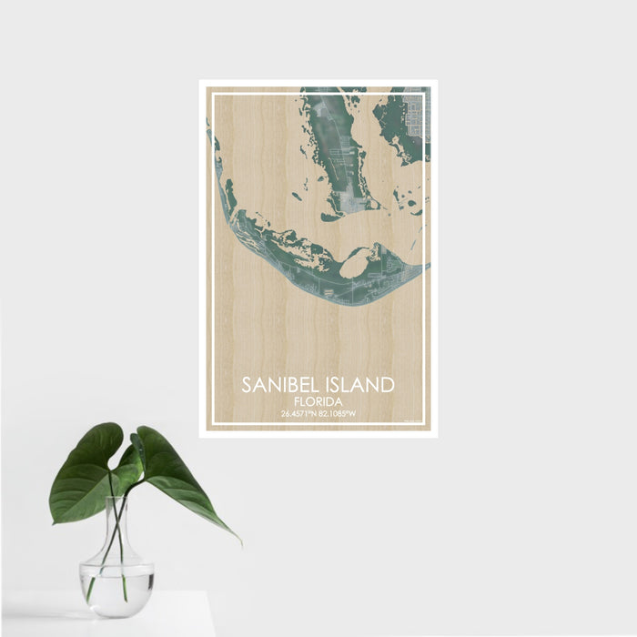 16x24 Sanibel Island Florida Map Print Portrait Orientation in Afternoon Style With Tropical Plant Leaves in Water