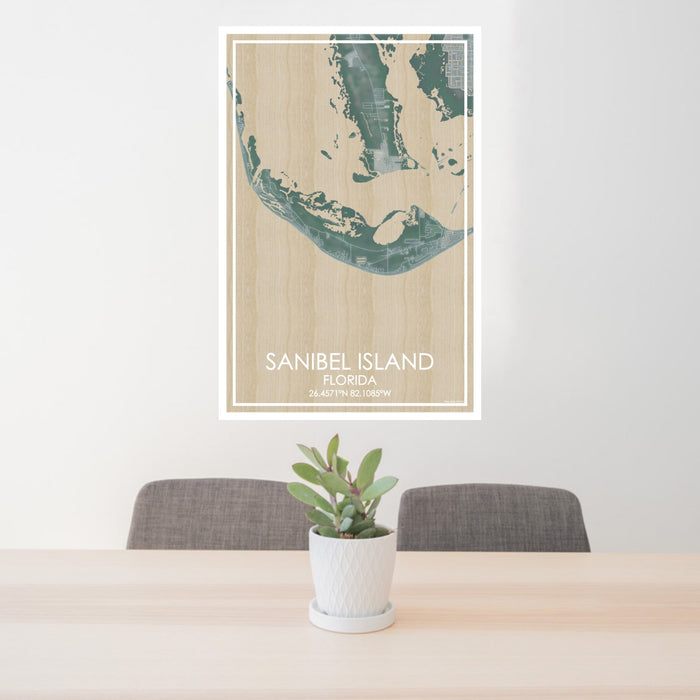24x36 Sanibel Island Florida Map Print Portrait Orientation in Afternoon Style Behind 2 Chairs Table and Potted Plant