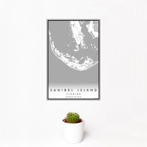 12x18 Sanibel Island Florida Map Print Portrait Orientation in Classic Style With Small Cactus Plant in White Planter
