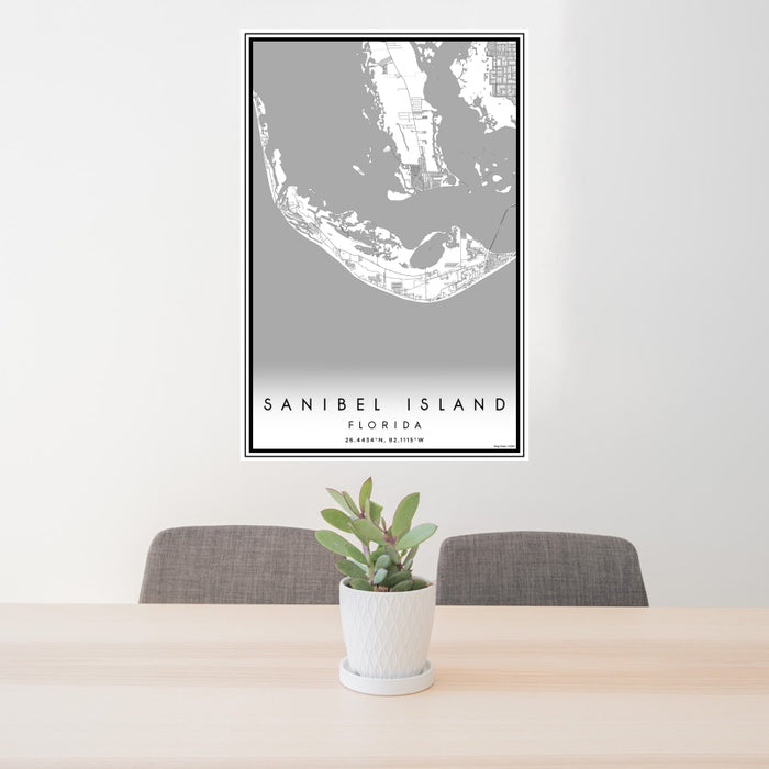24x36 Sanibel Island Florida Map Print Portrait Orientation in Classic Style Behind 2 Chairs Table and Potted Plant