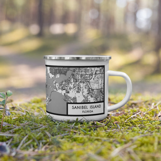 Right View Custom Sanibel Island Florida Map Enamel Mug in Classic on Grass With Trees in Background