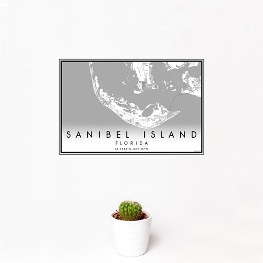 12x18 Sanibel Island Florida Map Print Landscape Orientation in Classic Style With Small Cactus Plant in White Planter
