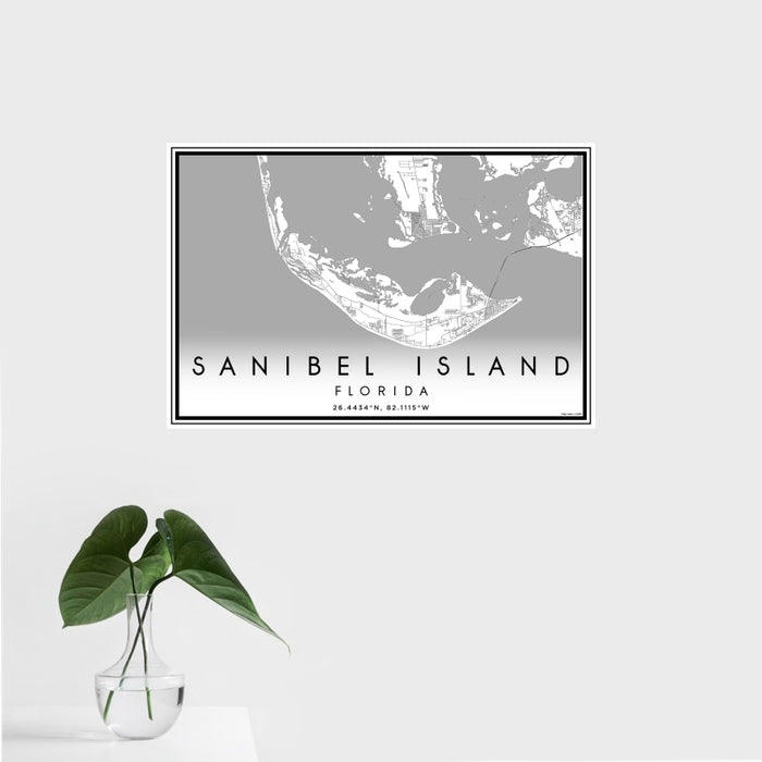 16x24 Sanibel Island Florida Map Print Landscape Orientation in Classic Style With Tropical Plant Leaves in Water