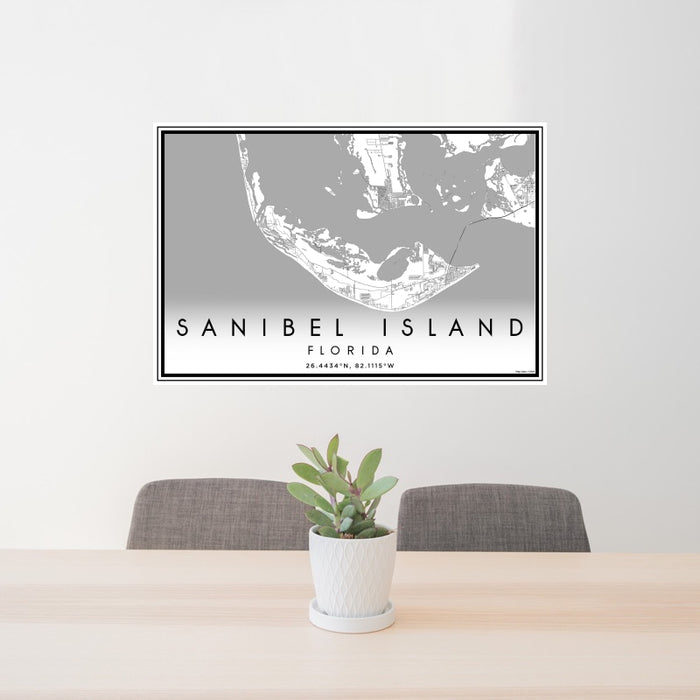 24x36 Sanibel Island Florida Map Print Landscape Orientation in Classic Style Behind 2 Chairs Table and Potted Plant