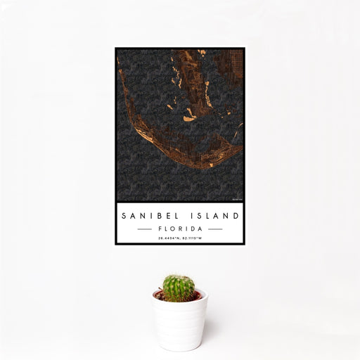 12x18 Sanibel Island Florida Map Print Portrait Orientation in Ember Style With Small Cactus Plant in White Planter