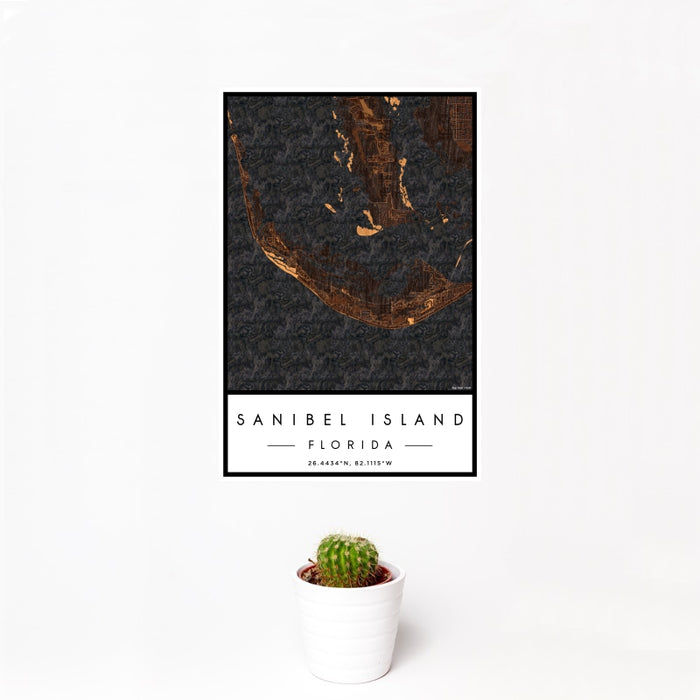 12x18 Sanibel Island Florida Map Print Portrait Orientation in Ember Style With Small Cactus Plant in White Planter