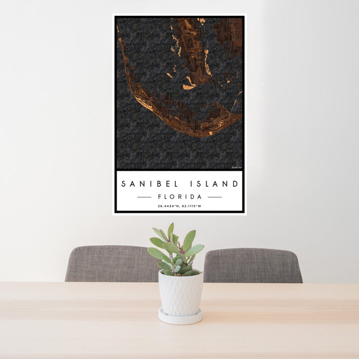 24x36 Sanibel Island Florida Map Print Portrait Orientation in Ember Style Behind 2 Chairs Table and Potted Plant