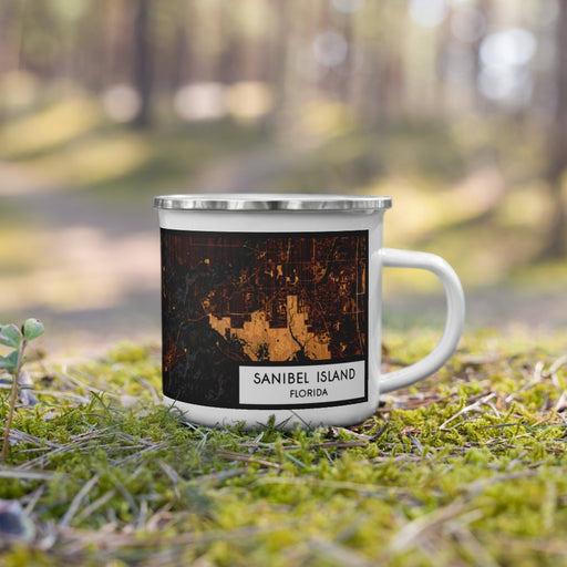 Right View Custom Sanibel Island Florida Map Enamel Mug in Ember on Grass With Trees in Background