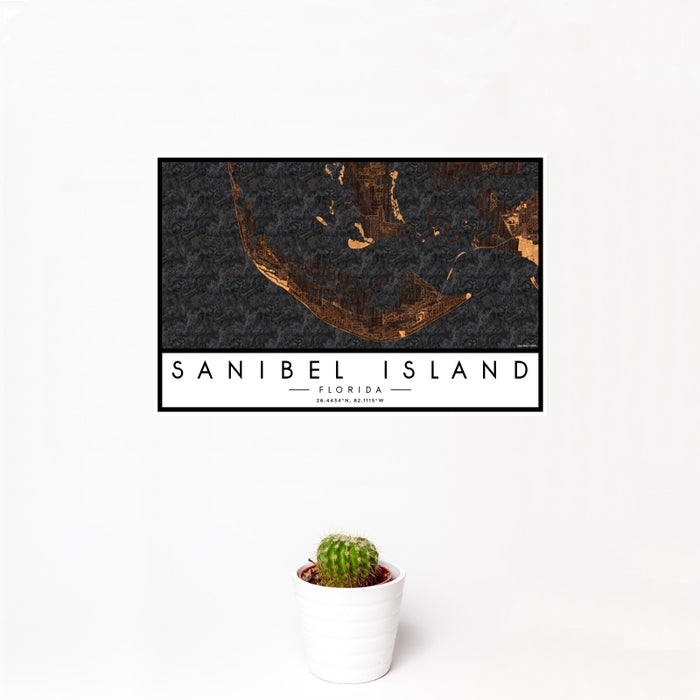 12x18 Sanibel Island Florida Map Print Landscape Orientation in Ember Style With Small Cactus Plant in White Planter