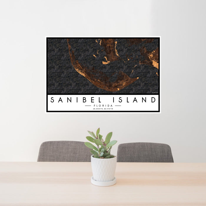 24x36 Sanibel Island Florida Map Print Landscape Orientation in Ember Style Behind 2 Chairs Table and Potted Plant