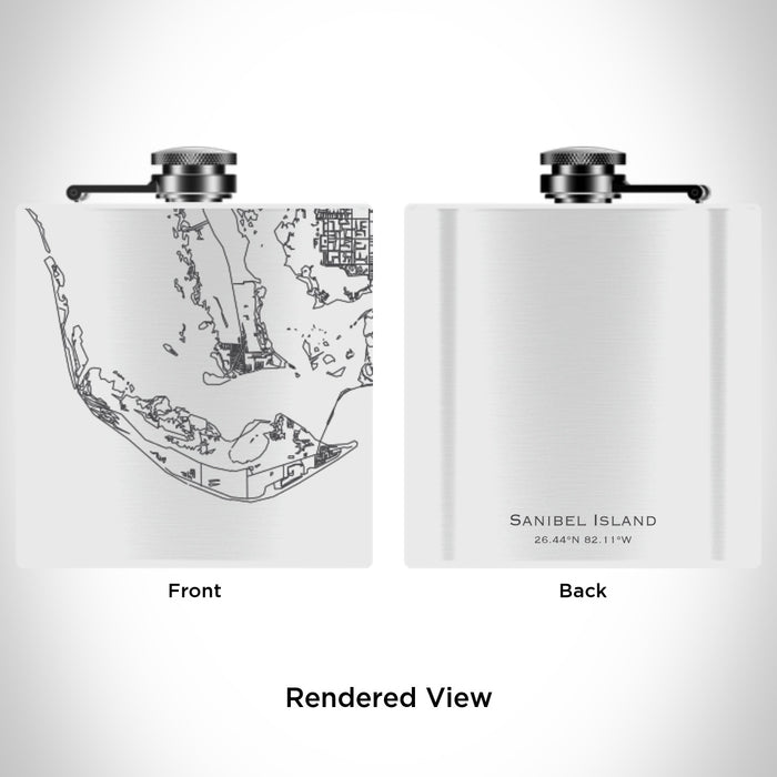 Rendered View of Sanibel Island Florida Map Engraving on 6oz Stainless Steel Flask in White