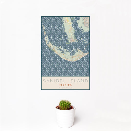 12x18 Sanibel Island Florida Map Print Portrait Orientation in Woodblock Style With Small Cactus Plant in White Planter