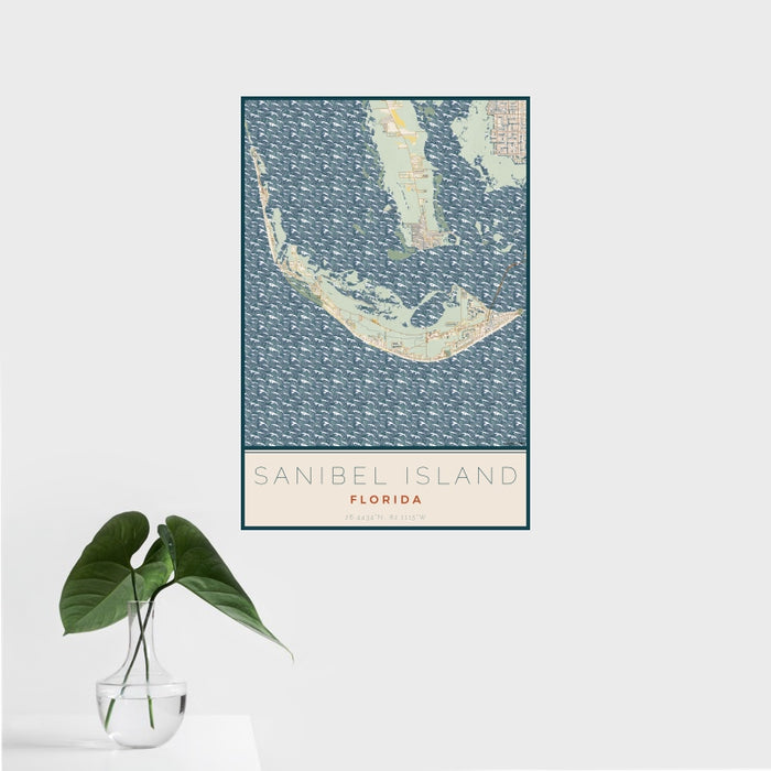 16x24 Sanibel Island Florida Map Print Portrait Orientation in Woodblock Style With Tropical Plant Leaves in Water