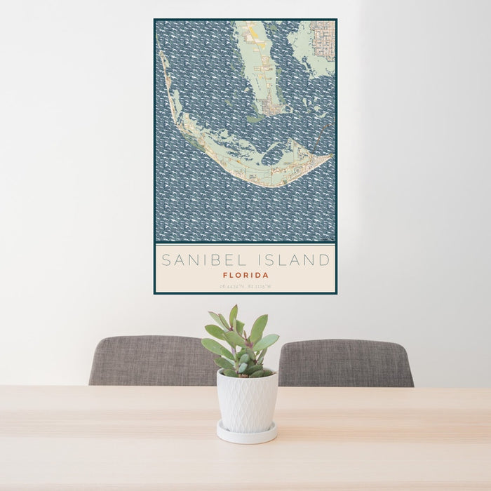24x36 Sanibel Island Florida Map Print Portrait Orientation in Woodblock Style Behind 2 Chairs Table and Potted Plant
