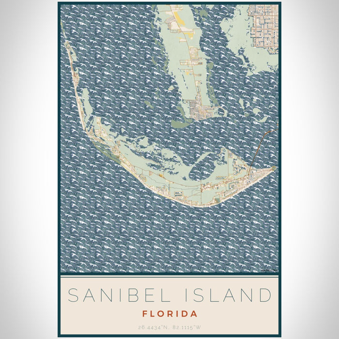 Sanibel Island Florida Map Print Portrait Orientation in Woodblock Style With Shaded Background