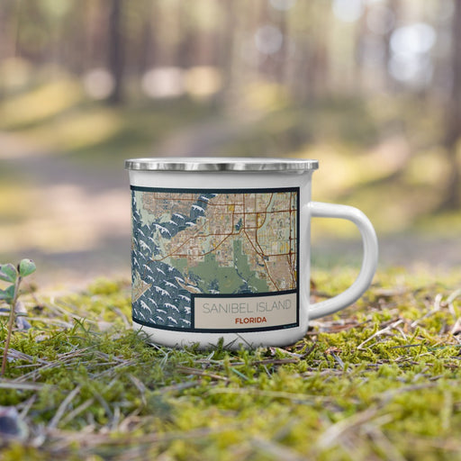 Right View Custom Sanibel Island Florida Map Enamel Mug in Woodblock on Grass With Trees in Background