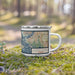 Right View Custom Sanibel Island Florida Map Enamel Mug in Woodblock on Grass With Trees in Background