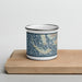 Front View Custom Sanibel Island Florida Map Enamel Mug in Woodblock on Cutting Board