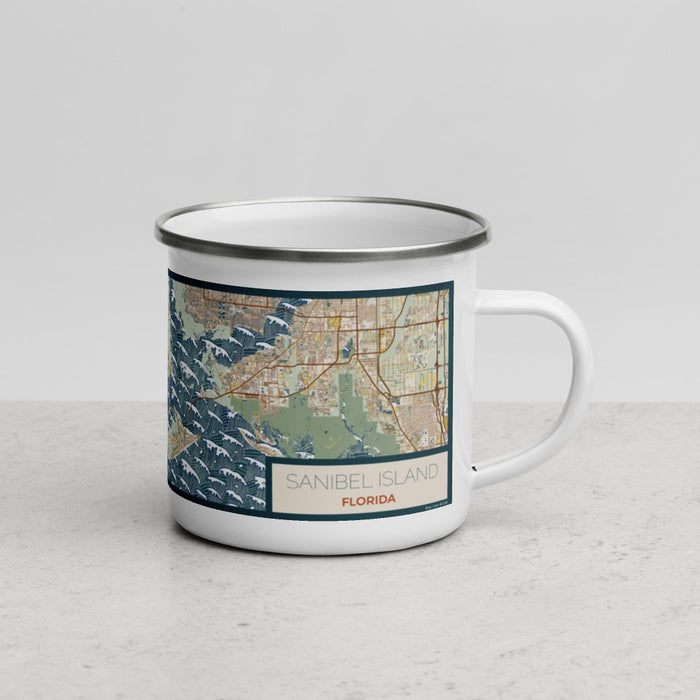 Right View Custom Sanibel Island Florida Map Enamel Mug in Woodblock