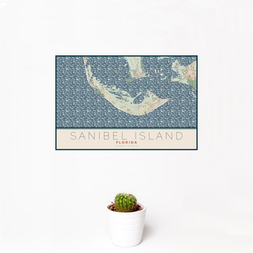 12x18 Sanibel Island Florida Map Print Landscape Orientation in Woodblock Style With Small Cactus Plant in White Planter