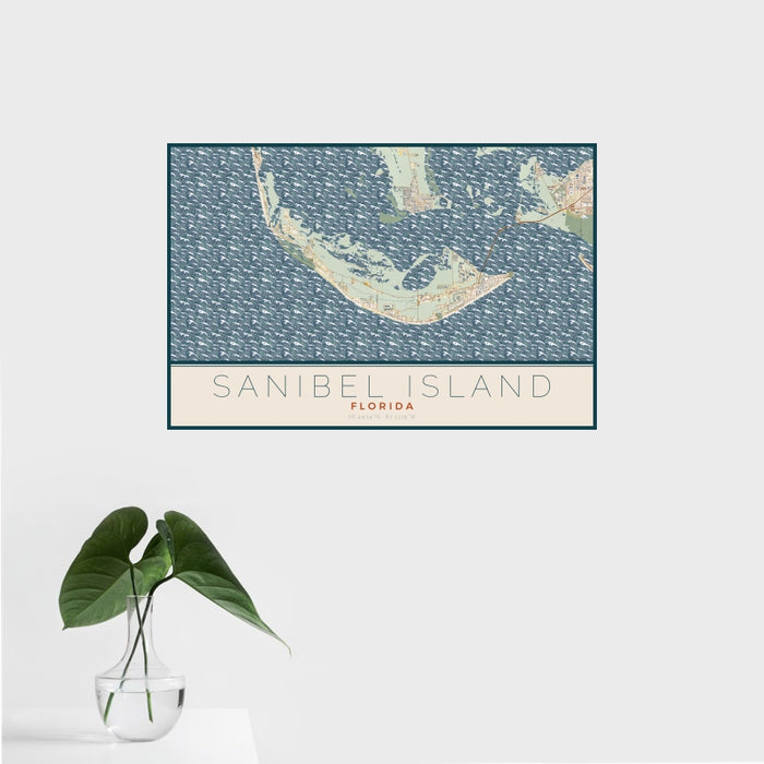 16x24 Sanibel Island Florida Map Print Landscape Orientation in Woodblock Style With Tropical Plant Leaves in Water