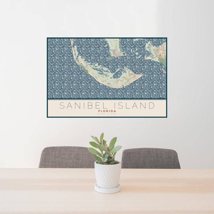 24x36 Sanibel Island Florida Map Print Landscape Orientation in Woodblock Style Behind 2 Chairs Table and Potted Plant