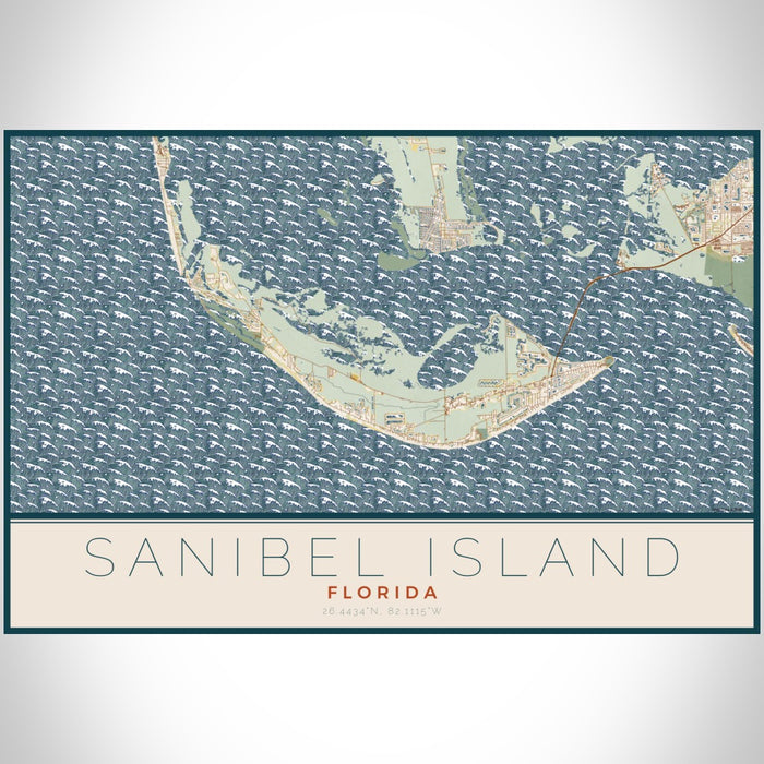 Sanibel Island Florida Map Print Landscape Orientation in Woodblock Style With Shaded Background