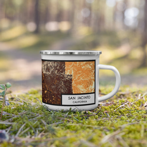 Right View Custom San Jacinto California Map Enamel Mug in Ember on Grass With Trees in Background