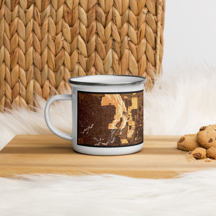 Left View Custom San Jacinto California Map Enamel Mug in Ember on Table Top
