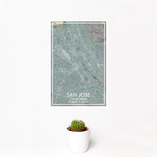 12x18 San Jose California Map Print Portrait Orientation in Afternoon Style With Small Cactus Plant in White Planter