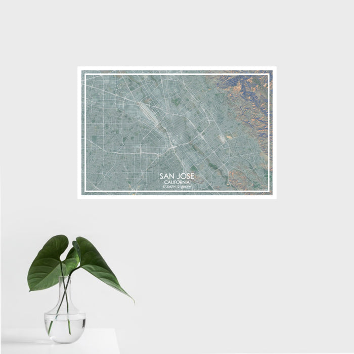 16x24 San Jose California Map Print Landscape Orientation in Afternoon Style With Tropical Plant Leaves in Water