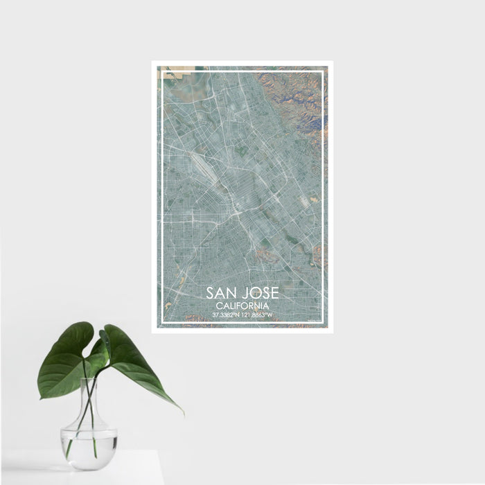16x24 San Jose California Map Print Portrait Orientation in Afternoon Style With Tropical Plant Leaves in Water