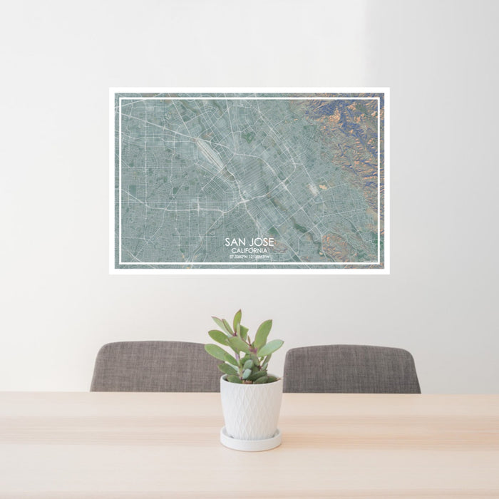 24x36 San Jose California Map Print Lanscape Orientation in Afternoon Style Behind 2 Chairs Table and Potted Plant