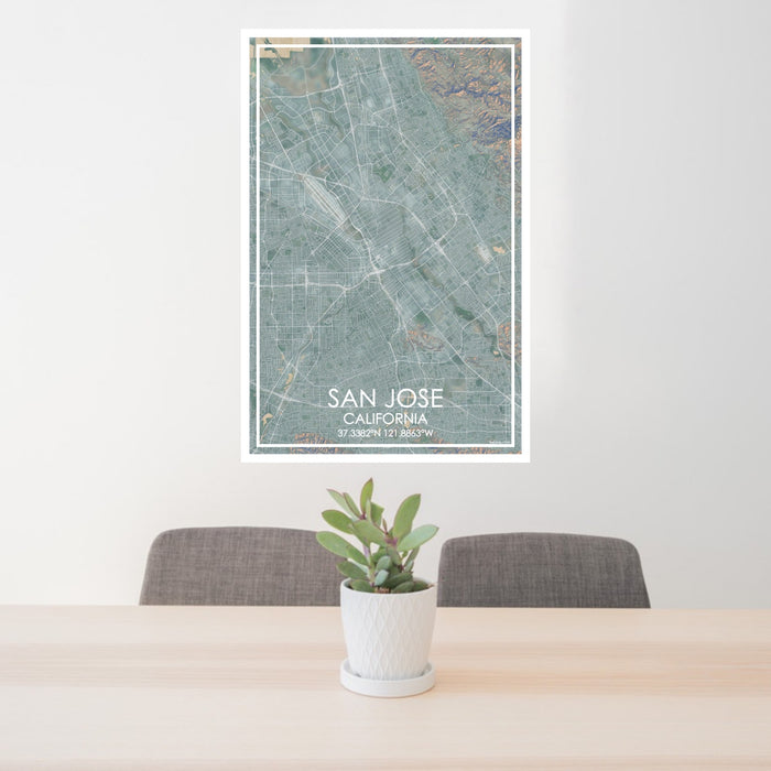 24x36 San Jose California Map Print Portrait Orientation in Afternoon Style Behind 2 Chairs Table and Potted Plant