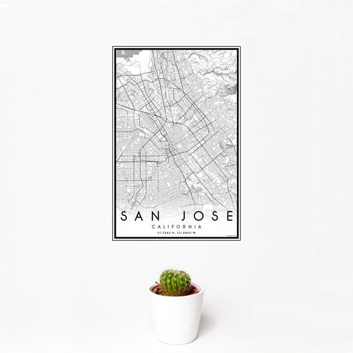 12x18 San Jose California Map Print Portrait Orientation in Classic Style With Small Cactus Plant in White Planter