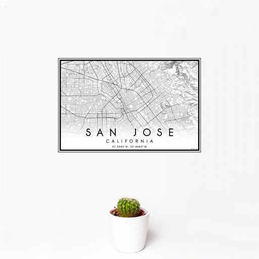 12x18 San Jose California Map Print Landscape Orientation in Classic Style With Small Cactus Plant in White Planter