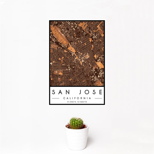 12x18 San Jose California Map Print Portrait Orientation in Ember Style With Small Cactus Plant in White Planter