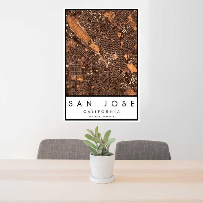 24x36 San Jose California Map Print Portrait Orientation in Ember Style Behind 2 Chairs Table and Potted Plant