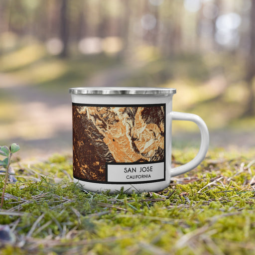 Right View Custom San Jose California Map Enamel Mug in Ember on Grass With Trees in Background